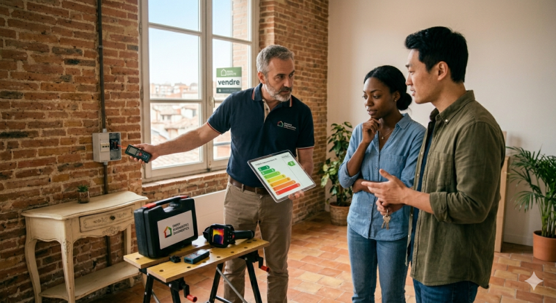 Couple visitant un appartement typique (briques apparentes, toits en tuiles à l'extérieur) et examinant l'étiquette énergie DPE sur une tablette, en compagnie d'un diagnostiqueur certifié.